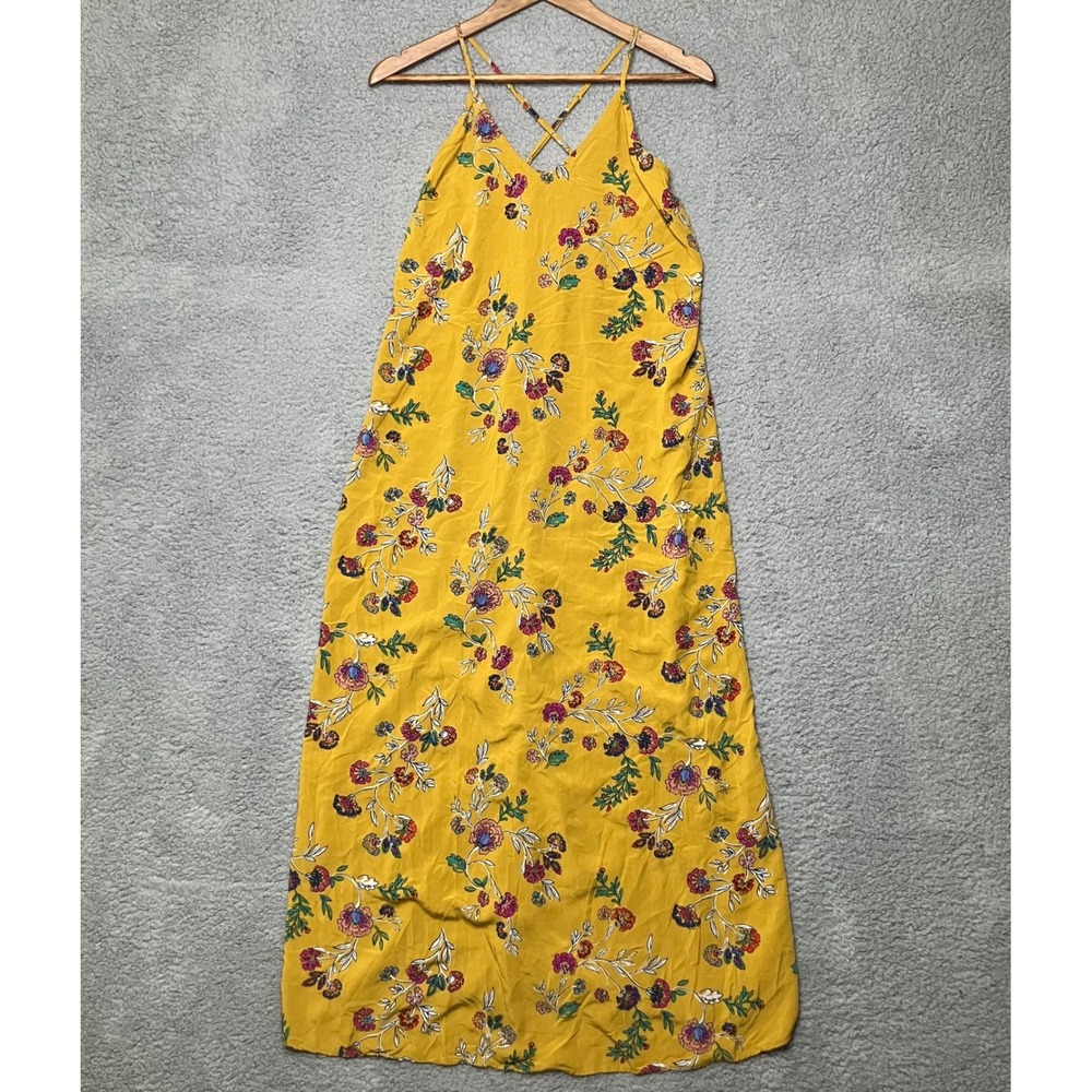 Old Navy Maxi Dress Women S Mustard Yellow Floral Cross Back Boho Beach Vacation